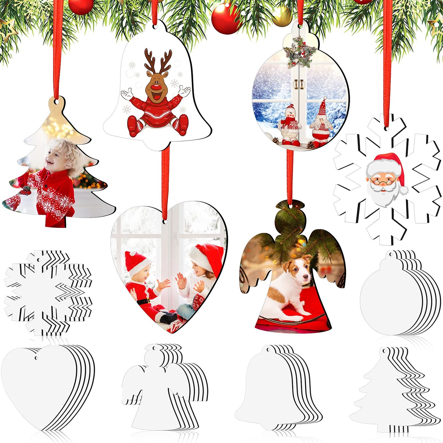 30 Pieces Sublimation Ornament Blank Sublimation Double Sided Blanks Christmas Ornament Blank Personalized Sublimation Blank Pendants DIY Sublimation Pendant Blank with Red Ribbon (Multi Styles)