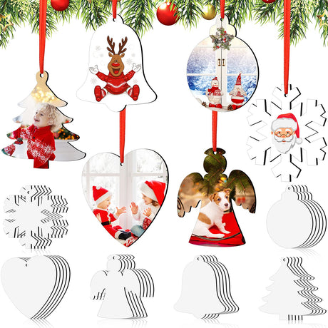 30 Pieces Sublimation Ornament Blank Sublimation Double Sided Blanks Christmas Ornament Blank Personalized Sublimation Blank Pendants DIY Sublimation Pendant Blank with Red Ribbon (Multi Styles) Blulu