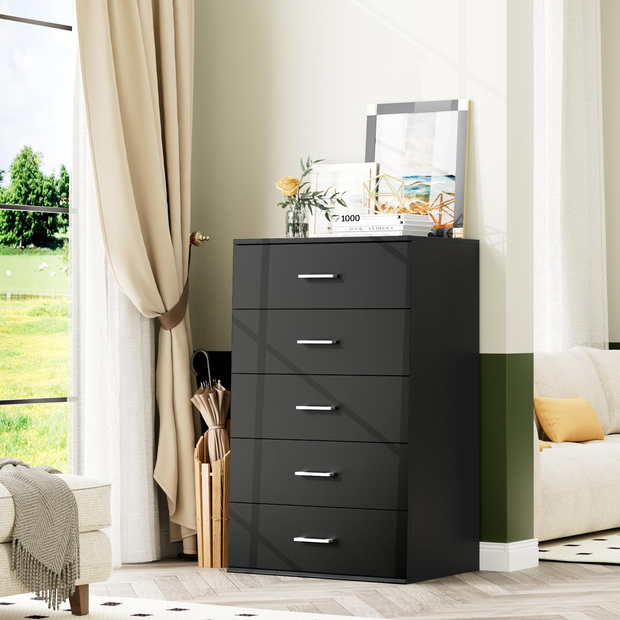 TTVIEW Tall Black Dresser, 5 Drawer Dressers with Large Capacity, Tall Dresser with Metal Handles, Chest of Drawers Cabinet Wood Dressers for Hallway Living Room TTVIEW