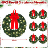 Yuxung 6 Pcs 14 Inch Pre Lit Christmas Wreath with Lights Mini Artificial LED Christmas Front Door Wreath with Red Bow for Xmas Holiday Party Decorations Table Fireplaces Porch Wall Ornament Yuxung