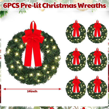 Yuxung 6 Pcs 14 Inch Pre Lit Christmas Wreath with Lights Mini Artificial LED Christmas Front Door Wreath with Red Bow for Xmas Holiday Party Decorations Table Fireplaces Porch Wall Ornament Yuxung