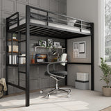 SLEKVERSA Twin Size Loft Bed with Large Desk and Storage Shelves, Metal Loft Bed with Safety Guardrail and Ladder for Kids and Adults, Space Saving, for Living Room, Bedroom, Black and Brown SLEKVERSA