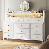 EnHomee 51.2" W White Dresser with 13 Drawers and LED Lights, White Dresser for Bedroom with Fabric Drawer, Long Dressers & Chests of Drawers, Dresser for Bedroom with Shelves for Closet EnHomee