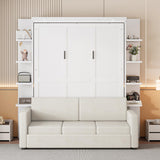 XD Designs Modern Queen Size Murphy Bed Wall Bed with Linen 3 Seat Sofa and 2 Bookshelves, Traditional Solid Wood Murphy Cabinet Bedframe, Can be Folded, Space-Saving Design (White-1.11) XD Designs