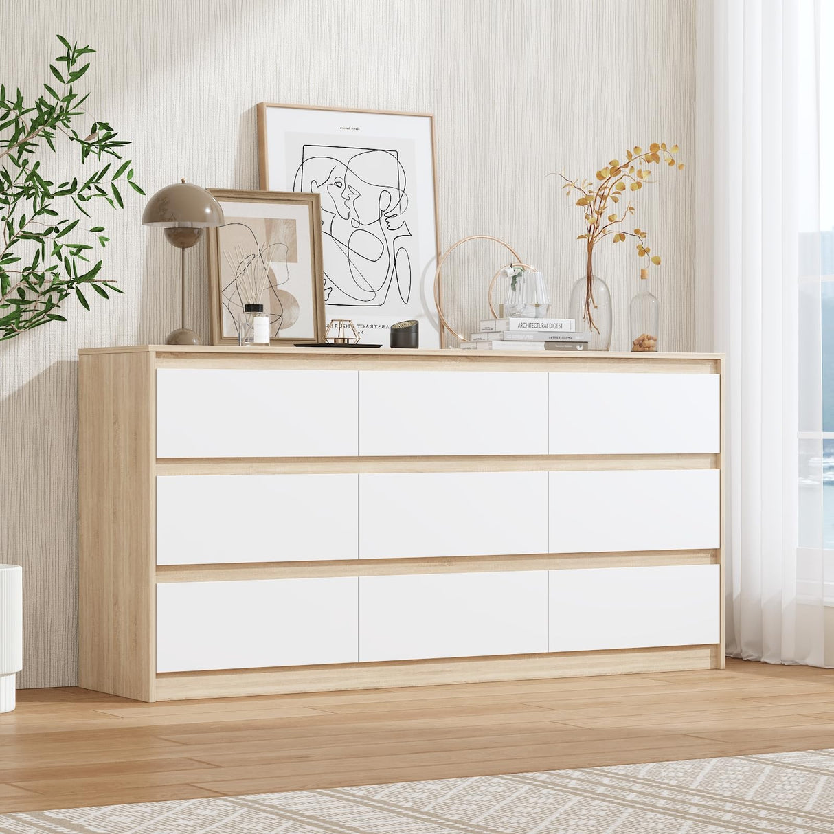 FUFU&GAGA 9 Drawer Dresser Chest of Drawers, 63” Wide Dressers, Modern Wood Drawer Chest Storage Organizer, No Handle Design, for Bedroom Living Room Hallway, Oak and White, 63”W x 15.7”D x 31.5”H FUFU&GAGA