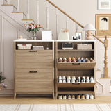 HOMEFORT Shoe Storage Cabinet for Entryway, 31.5" Fluted Shoe Cabinet with 2 Flip Drawers, Mid-Century Modern Hidden Shoe Rack Organizer, Slim Shoe Cabinet for Front Door Entrance, Natural Oak HOMEFORT