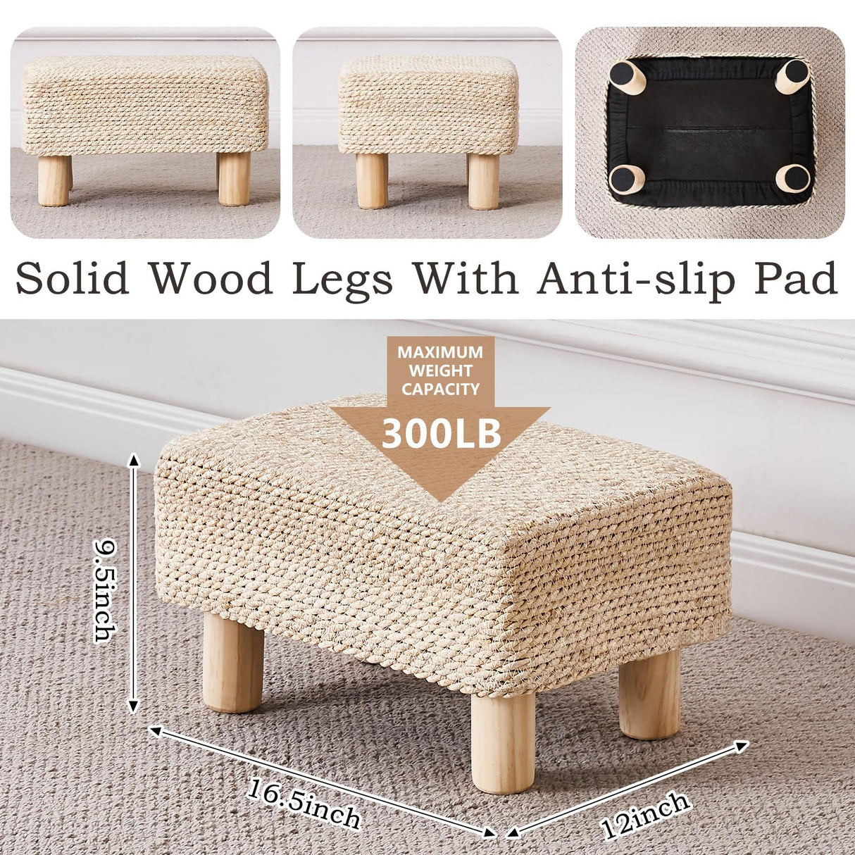 Wimarsbon Natural Seagrass Footstool Ottoman Rectangular Footrest Pouf Ottomans with Wooden Legs Hand Weave Step Stool for Living Room Bedroom Entryway Natural White Wimarsbon