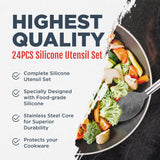 Silicone Kitchen Utensils Set - Culinary Couture 24-Pieces Grey Silicone Cooking Utensils Set for Nonstick Cookware - Silicone Spatulas Set, Stainless Steel Handle & Other Kitchen accessories Culinary Couture