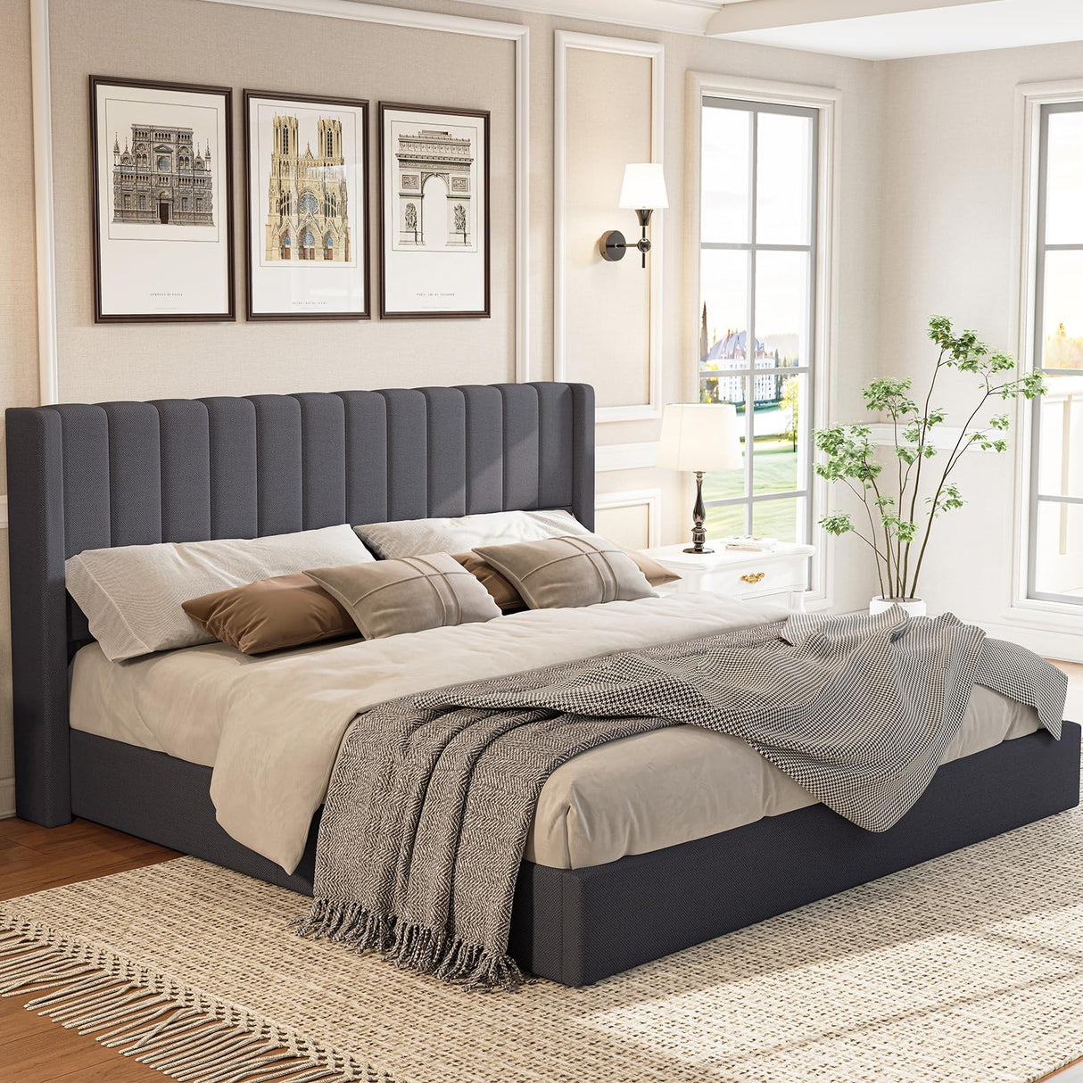 Jocisland King Size Lift Up Storage Bed Frame, Linen Upholstered Platform Bed with Vertical Channel Tufted Headboard and Wingback, Hydraulic System, No Box Spring Needed, Wood Slats Support, Dark Grey Jocisland
