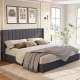 Jocisland King Size Lift Up Storage Bed Frame, Linen Upholstered Platform Bed with Vertical Channel Tufted Headboard and Wingback, Hydraulic System, No Box Spring Needed, Wood Slats Support, Dark Grey Jocisland