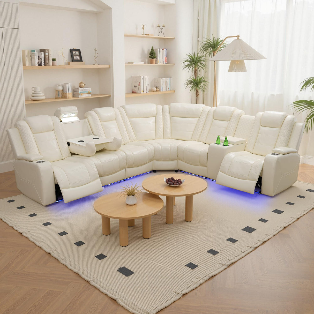 Leather Reclining Sofa with LED,Power Recliner Sectional Couch for Living Room,Reclining Couches with Read Light/Charging/Hide-Away Storage (Cream-White, Sectional) Pon Living Furniture Inc