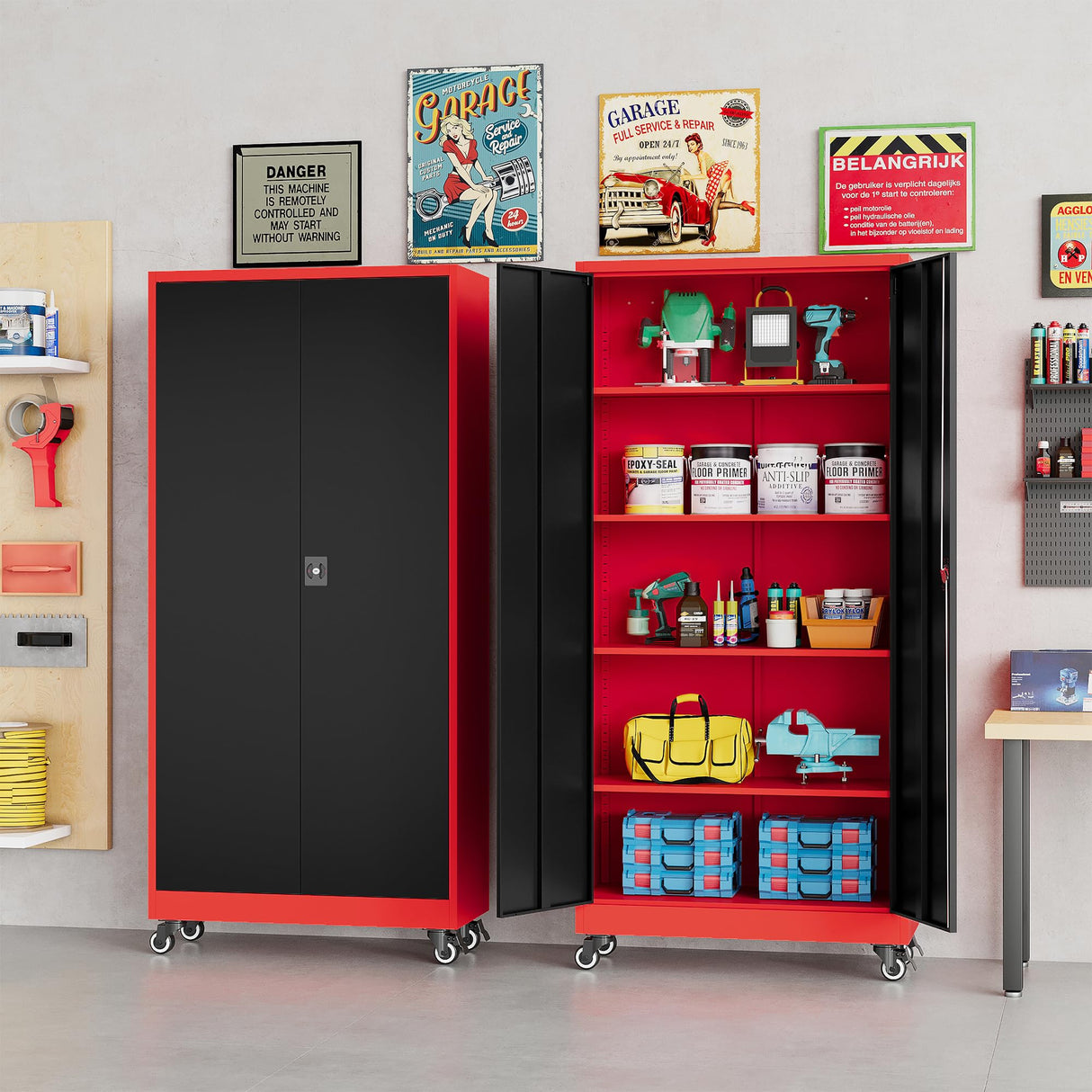 SISESOL Metal Storage Cabinet with Wheels,Rolling Garage Storage Cabinet with Lock,Red Metal Cabinet on Wheels,Tall Tool Storage Cabinet on Wheels for Garage,Home,Office,Shop SISESOL