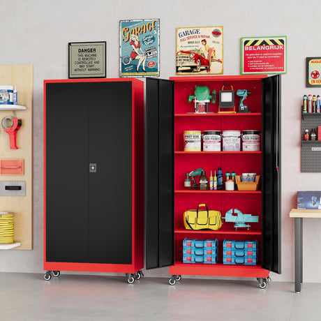 SISESOL Metal Storage Cabinet with Wheels,Rolling Garage Storage Cabinet with Lock,Red Metal Cabinet on Wheels,Tall Tool Storage Cabinet on Wheels for Garage,Home,Office,Shop SISESOL