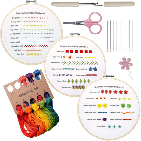 Beginners Embroidery Practice kit 3 Sets to Learn 30 Different Stitches for Craft Lover Hand Stitch with Embroidery Fabric with Skill Techniques Bonroy