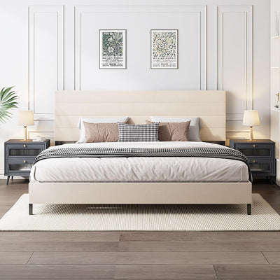 Furnihome Modern King Bed Frame with Adjustable Linen Headboard and Wooden Slats in Beige