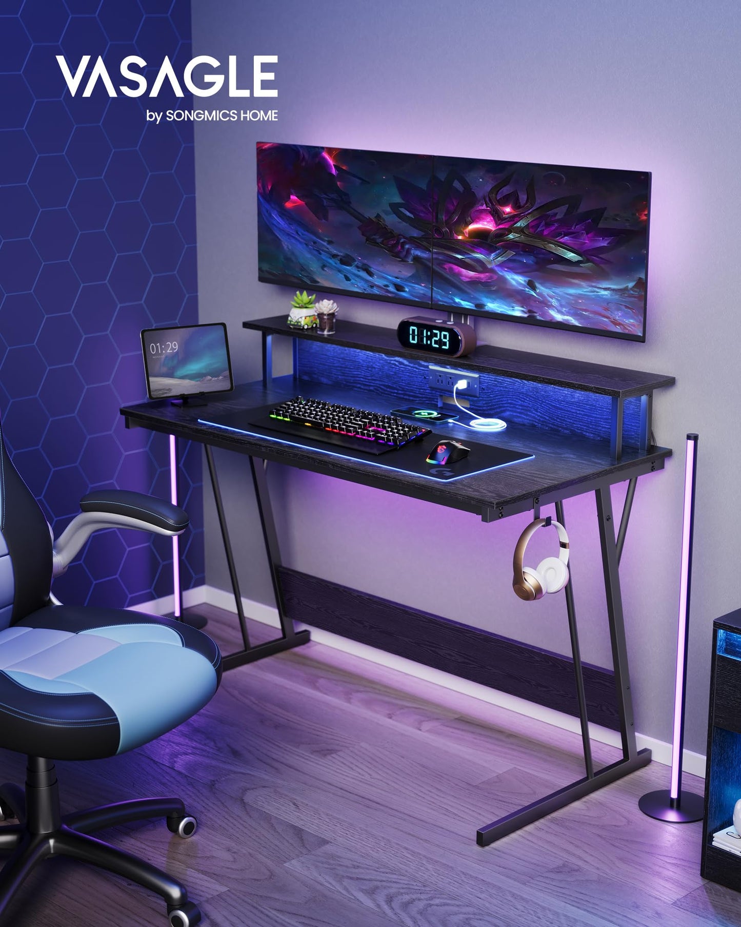 VASAGLE LED Gaming Desk with Power Outlets, Computer Desk with USB Ports, Office Desk with Monitor Stand for 2 Monitors, with Hooks, for Bedroom, 23.6 x 47.2 x 29.5 Inches Ebony Black ULWD092B56