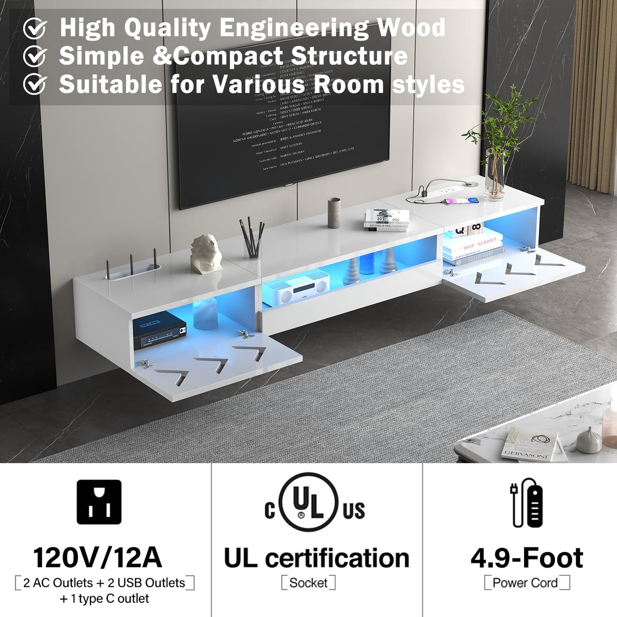 ANTISTA Floating TV Stand, 71" Floating Entertainment Center Wall Mounted,Floating Wall Mounted TV Shelf with Led Lights and Power Outlet,Modern High Gloss tv Cabinet Media Console with Storage ANTISTA