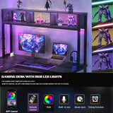 Unikito L-Shaped Computer Desk with RGB LED Lights, USB Ports, and Adjustable Storage Shelves - Black Oak Unikito