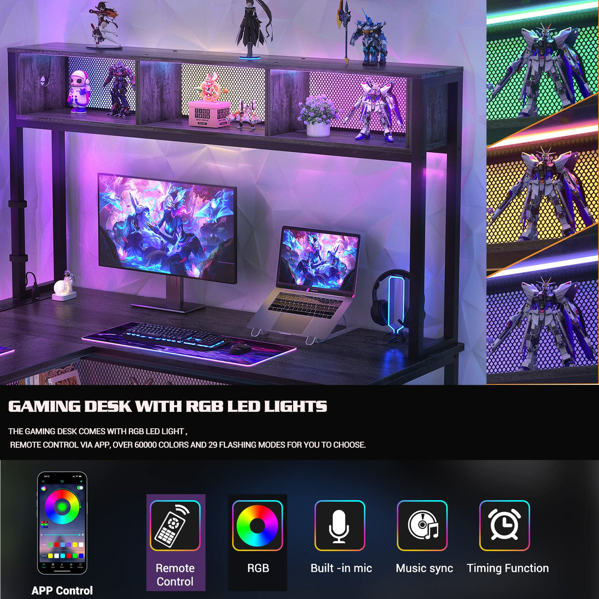 Aheaplus 55 Inch L-Shaped Gaming Desk with LED Lights & Power Outlets in Black Oak Aheaplus