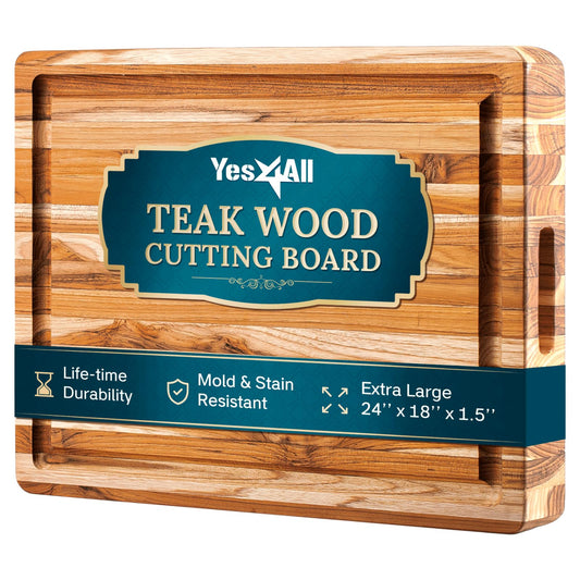 Yes4All Solid Teak Cutting Boards for Kitchen, [24''Lx18''Wx1.5”Thick] Extra Large Edge Grain Butcher Block Cutting Board, Food Safe Surface Wood Cutting Boards with Juice Grooves and Easy Grip Handle