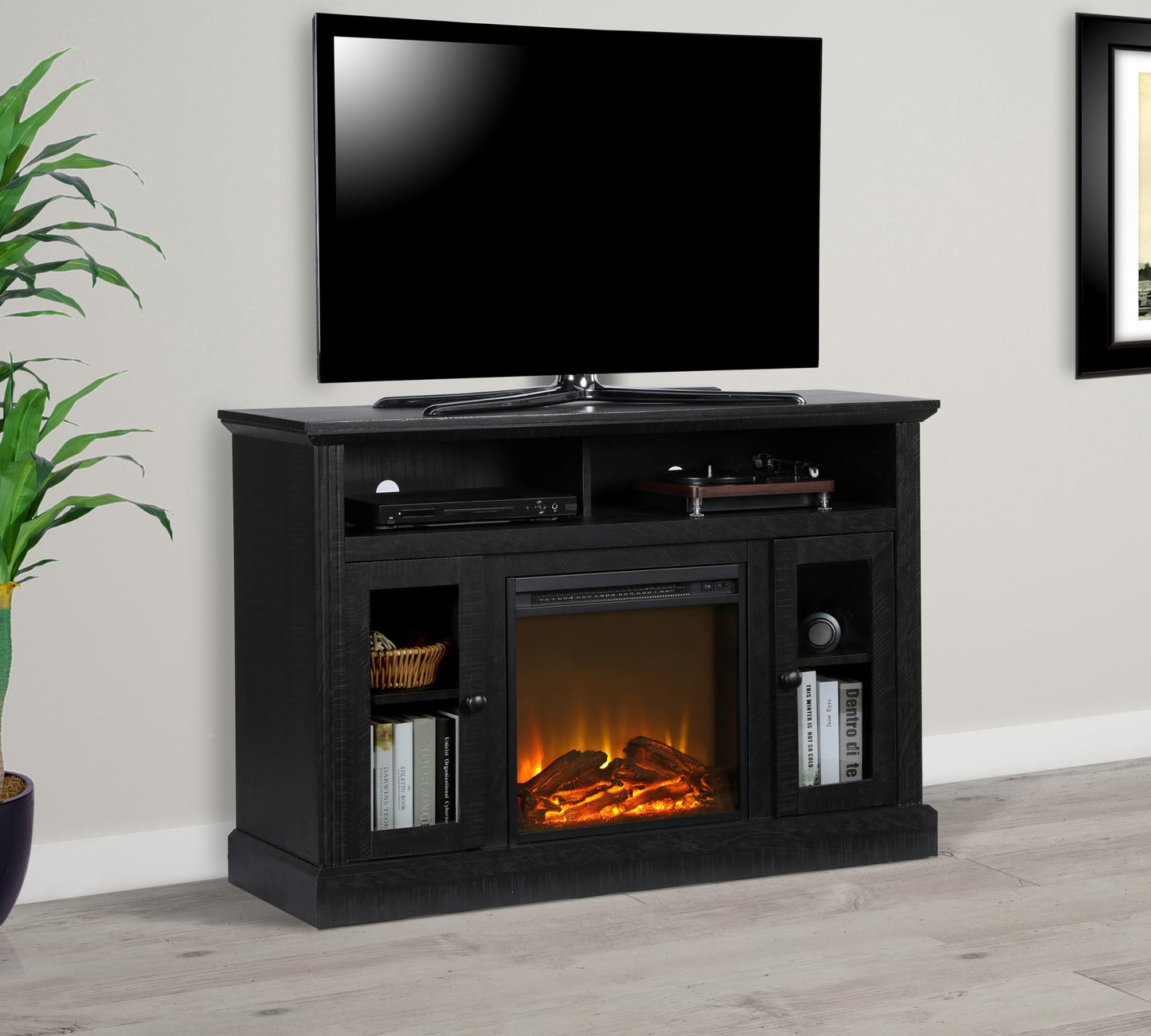 Ameriwood Home Chicago Fireplace TV Stand for TVs up to 50 Inch, Replaceable Electric Fireplace Insert Heater, Realistic Log and Flame Effect, For Living Room or Bedroom, Black Oak