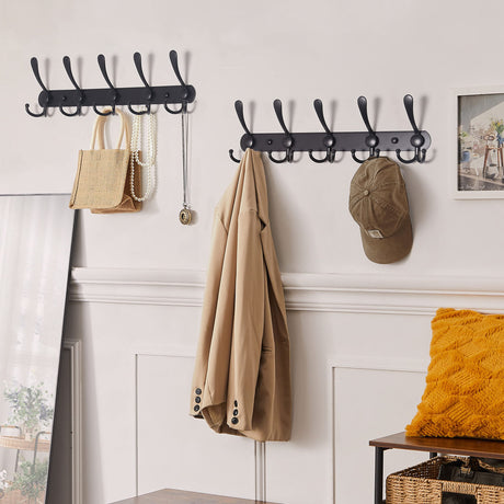 Dseap Coat Rack Wall Mounted - 5 Tri Hooks, Heavy Duty, Stainless Steel, Metal Coat Hook Rail for Coat Hat Towel Purse Robes Mudroom Bathroom Entryway (Black, 2 Packs) Dseap