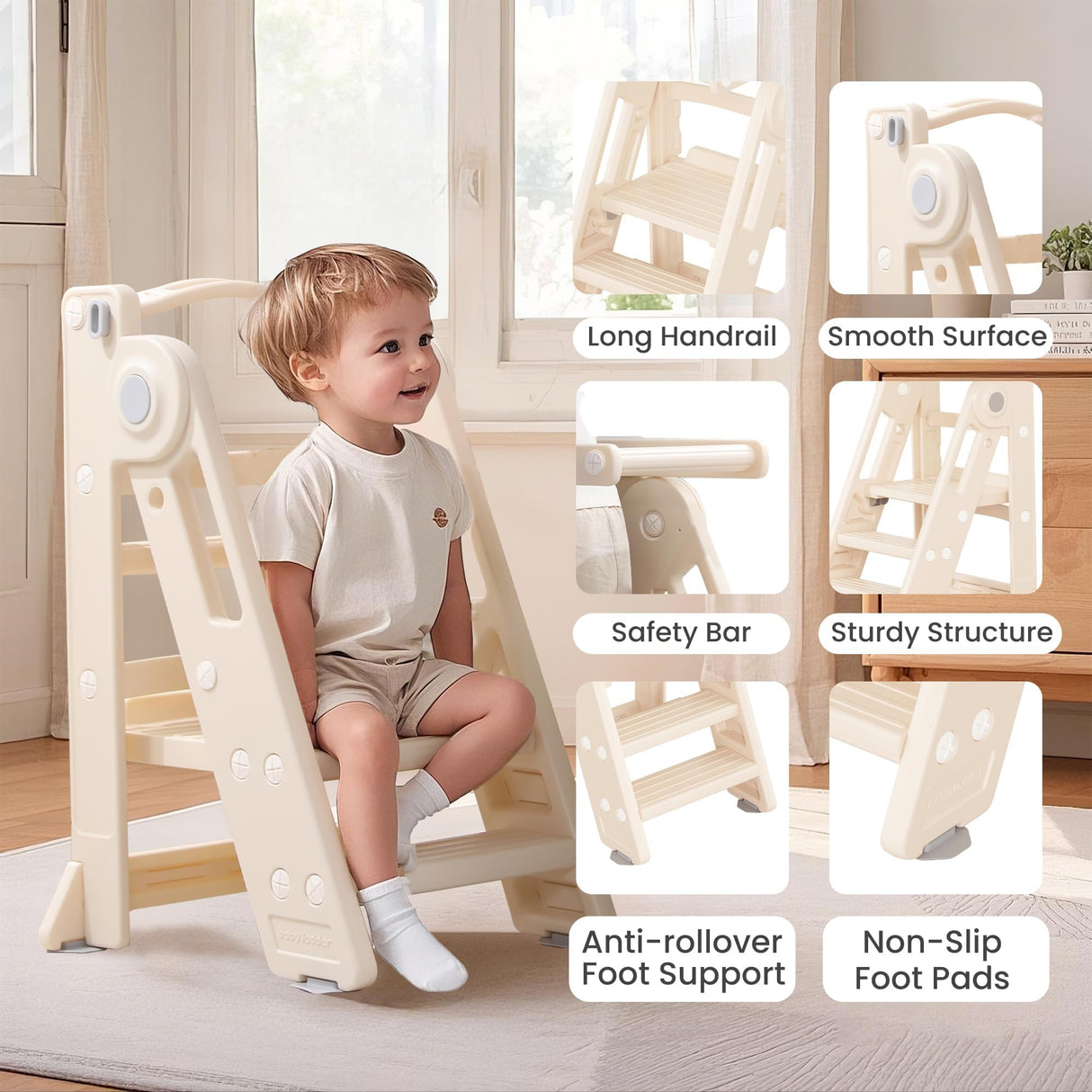Foldable Toddler Tower Kitchen Step Stool for Sink Kids Adjustable Height Learning Tower for Children Montessori Learning Helper with Handles for Bathroom hoopyosms