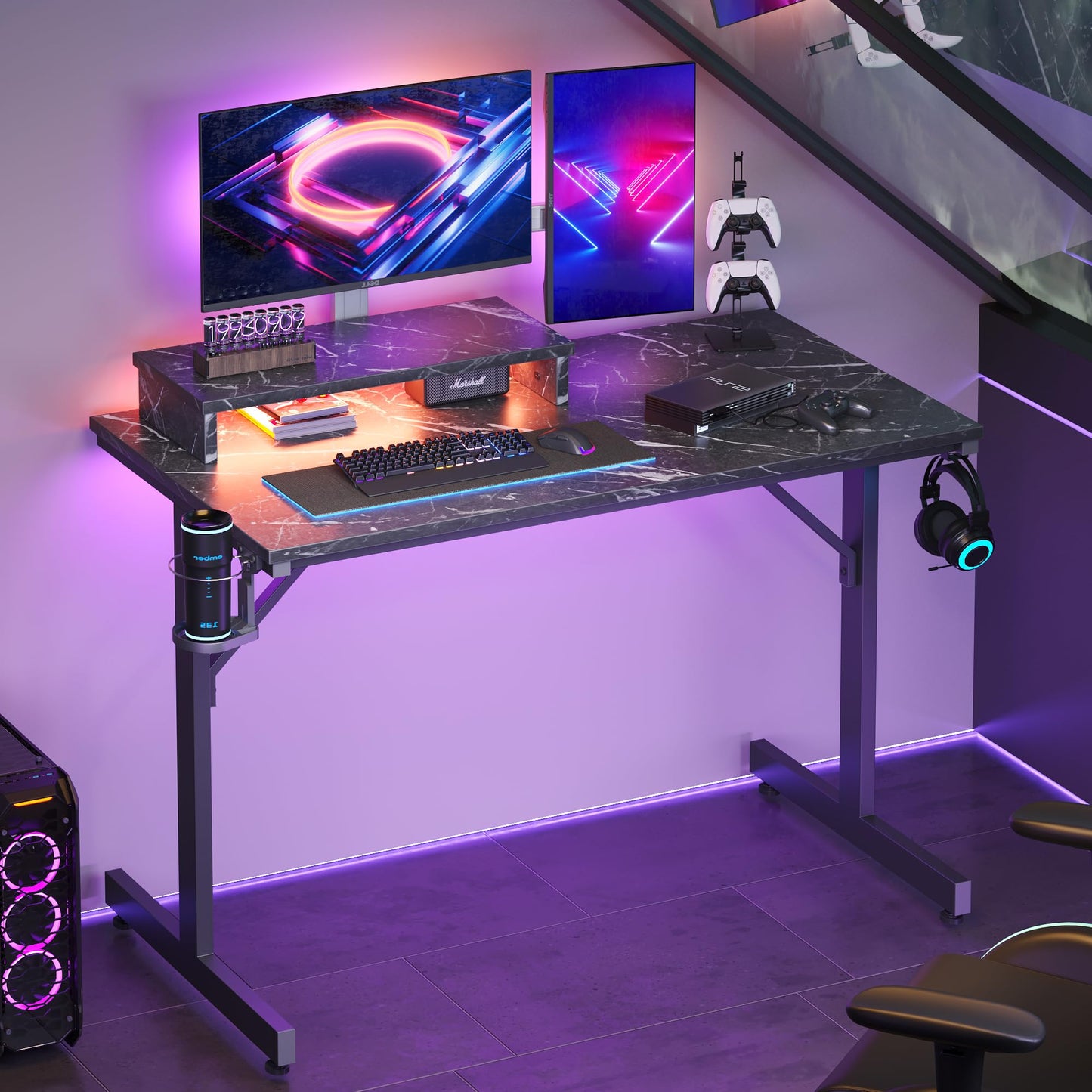 Bestier Small Gaming Desk with Monitor Stand, 42 inch LED Computer Desk, Gamer Workstation with Cup Holder & Headset Hooks, Modern Simple Style Desk for Home Office, Black Marble - WoodArtSupply