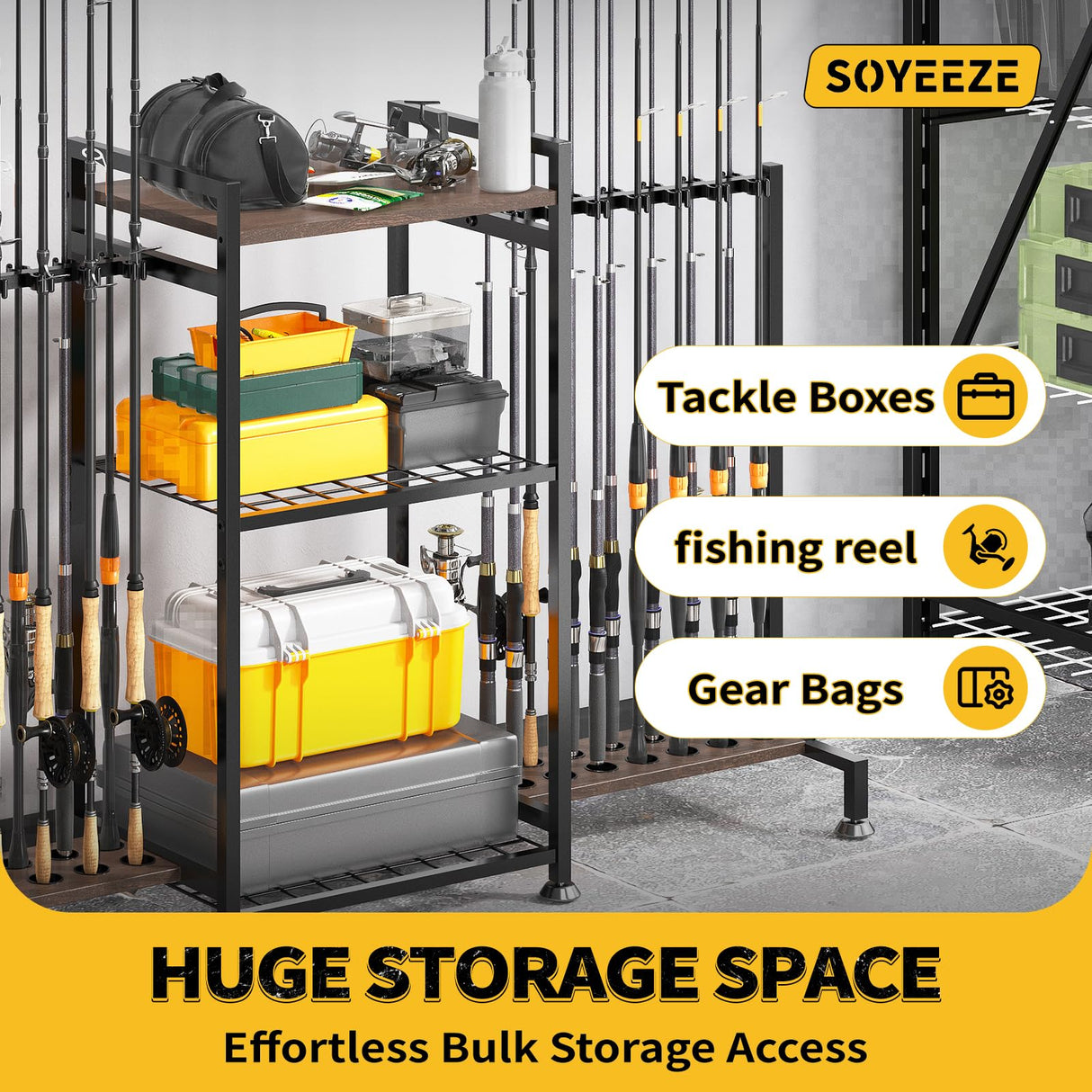 SOYEEZE Fishing Rod Holder for 28 Rods, Ground Stand Fishing Pole Holders for Garage, 3-Sided Vertical Fish Rod Rack for Tackle Box, Fishing Supplies,a Display Fish Gear Storage Gift for Man SOYEEZE