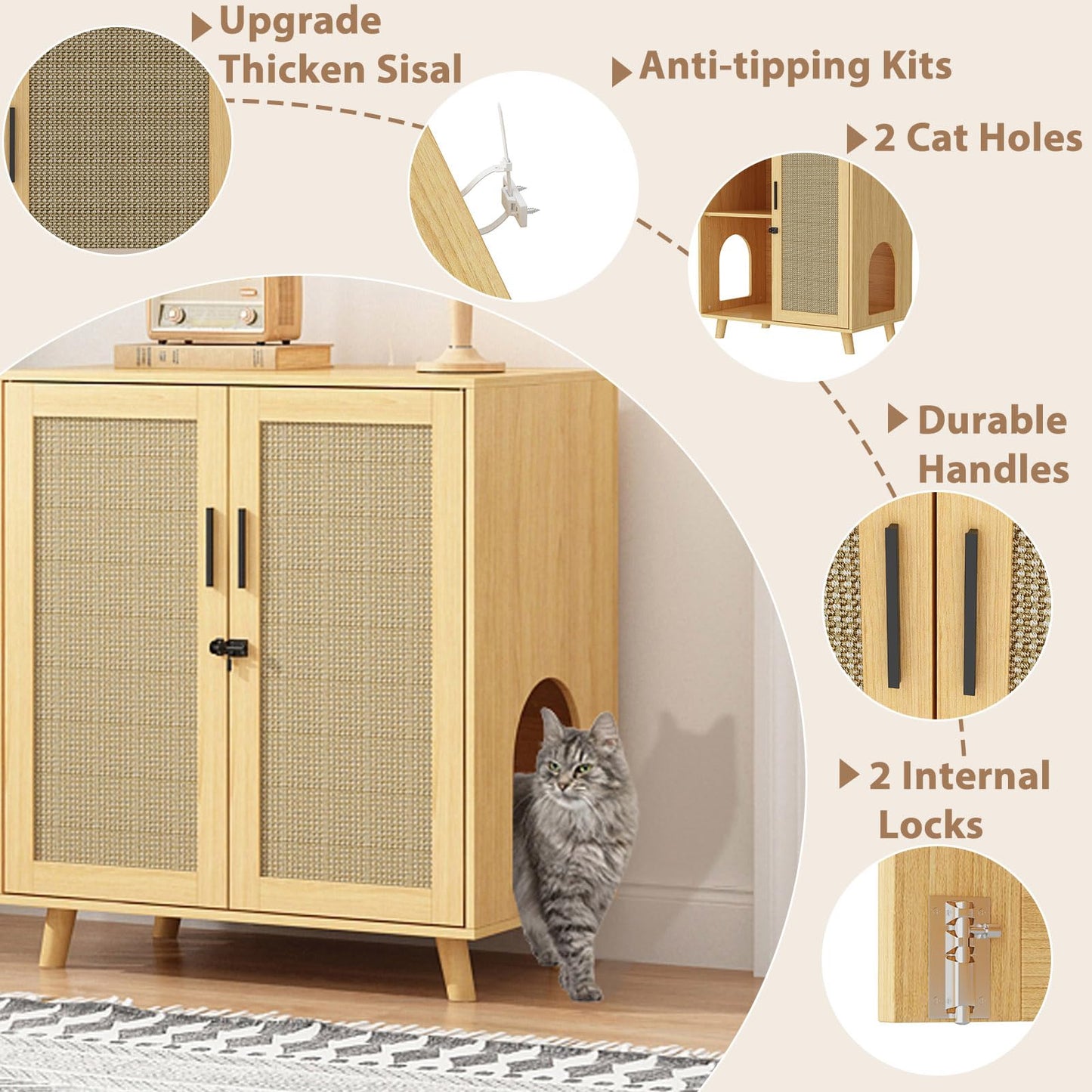 Lovinouse Large Cat Litter Box Enclosure, Hidden Cat Washroom Furniture with Sisal Covered Doors, 2 Layer Wooden Cat Cabinet with Adjustable Shelf, Side Table TV Stand for Living Room - WoodArtSupply