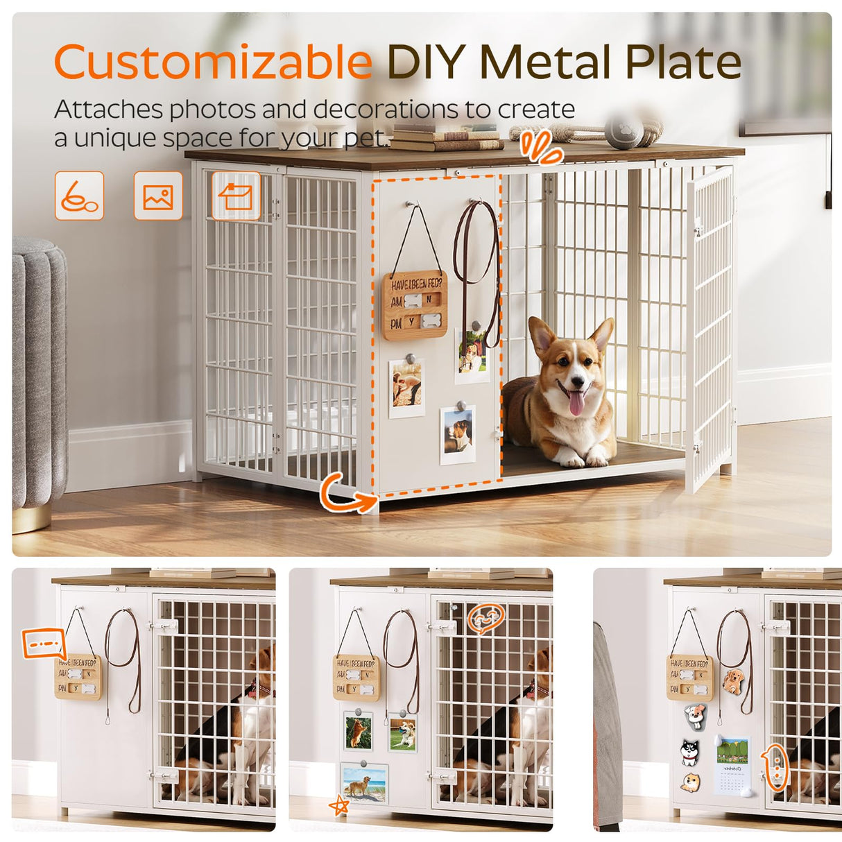 YATINEY Foldable Dog Crate Furniture, Dog Crate with DIY Frame, Heavy Duty Dog Kennel Indoor with Hooks, Wooden Dog Cage End Table, for Small/Medium Dogs, White and Walnut DC95WH YATINEY