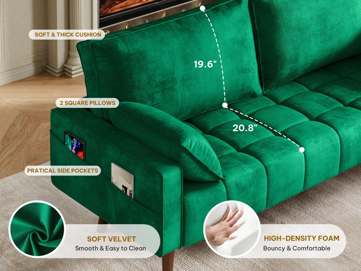 YITAHOME 67" Loveseat Sofa, Velvet Fabric Sofa Couch for Small Space, Modern Loveseat with Button Tufted Seat and Side Storage Pockect, 3 Seater Couch for Living Room Bedroom, 2 Pillow Included, Green YITAHOME