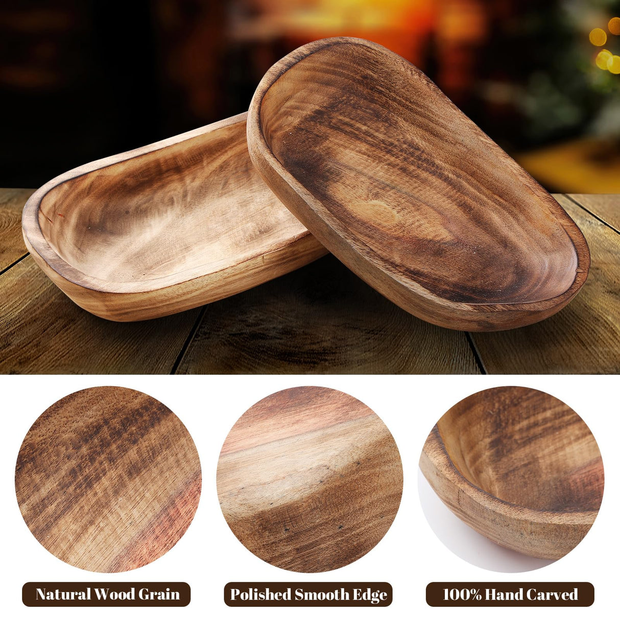 2 Pcs Wooden Dough Bowls for Decor Oblong Decorative Bowl Home Decor Fruit Vessel for Kitchen Counter Rustic Carved Serving Container Long Wooden Bread Tray for Dining Room Table(10 x 6 x 2 Inch) Unittype
