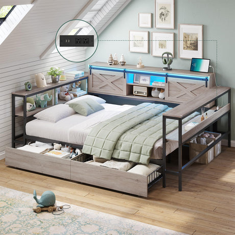 DICTAC Corner Full Bed Frame with Storage Drawers and Charging Station Farmhouse Full Size Metal Platform Bed Frame with Sliding Barn Doors and Led Lights Daybed with Storage Headboard,Rustic Gray DICTAC
