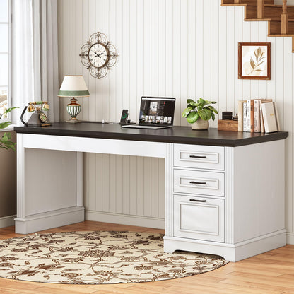 SEDETA Office Desk with 3 Drawers, 55" Executive Computer Desk with Storage Drawers, Farmhouse Desk with Power Outlet for Home Office, White - WoodArtSupply