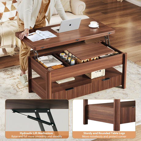 HUAHUU 40" Lift Top Coffee Table, 4 in 1 Square Coffee Table with Storage Shelf & 2 Drawers, Modern Coffee Tables with Lift Tabletop, Converts to Dining Table for Living Room, Home Office, Walnut HUAHUU