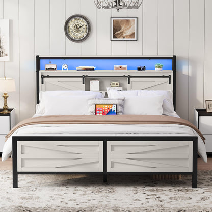 YITAHOME White Farmhouse Queen Bed Frame with Storage Headboard, LED Lights, and Charging Station - WoodArtSupply