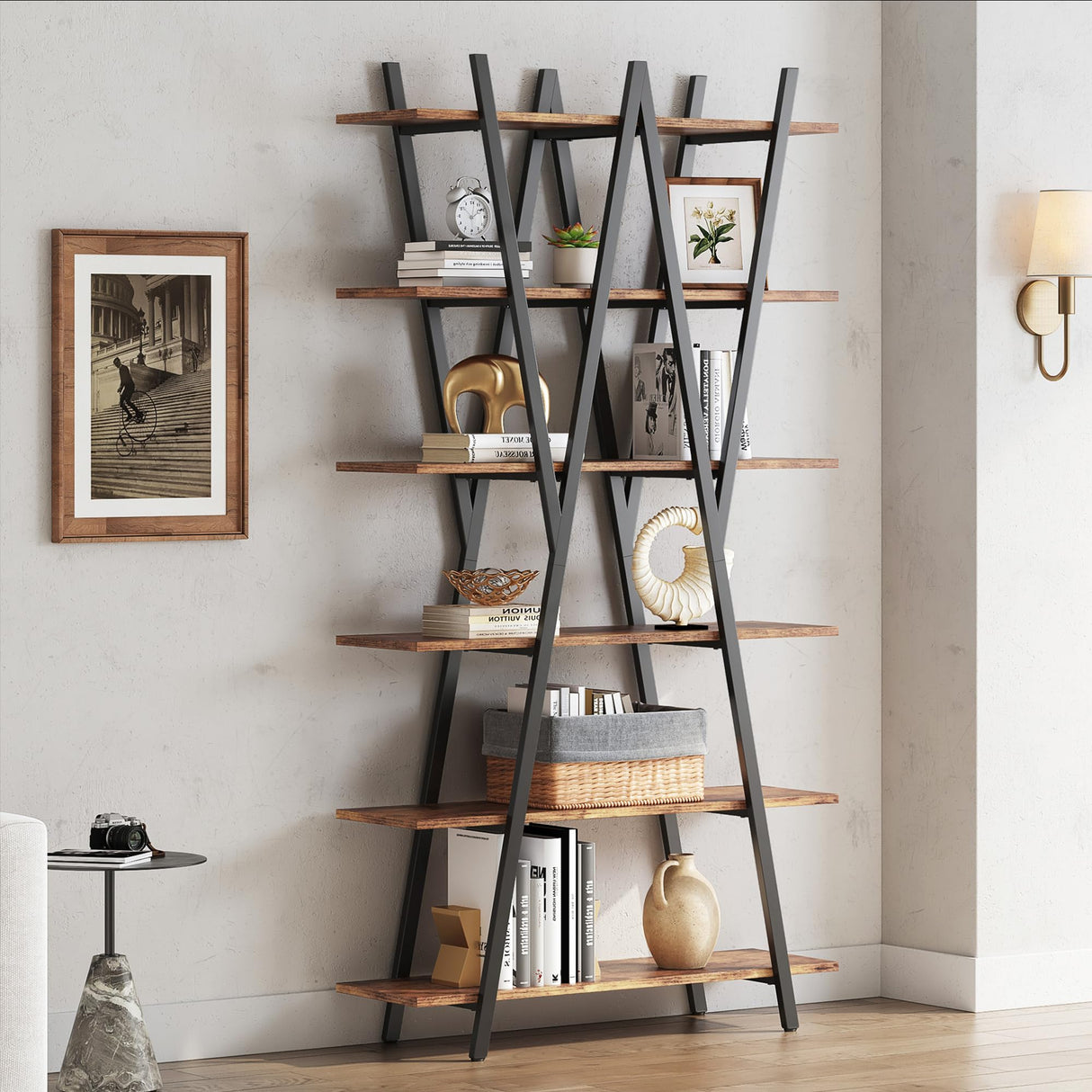 LIKEMET 74 Inch Industrial Tall Bookshelf, 6 Tier Bookshelf, Free Standing Open Book Shelves Storage Display Shelf, Book Shelf for Living Room, Home Office, Rustic Brown LIKEMET