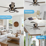 Breezary 52 Inch Flush Mount Farmhouse Ceiling Fan with Light and Remote, Reversible AC Motor, 5 Dual Finish Blades, Industrial Low Profile Black Ceiling Fan light for Bedroom Home Breezary
