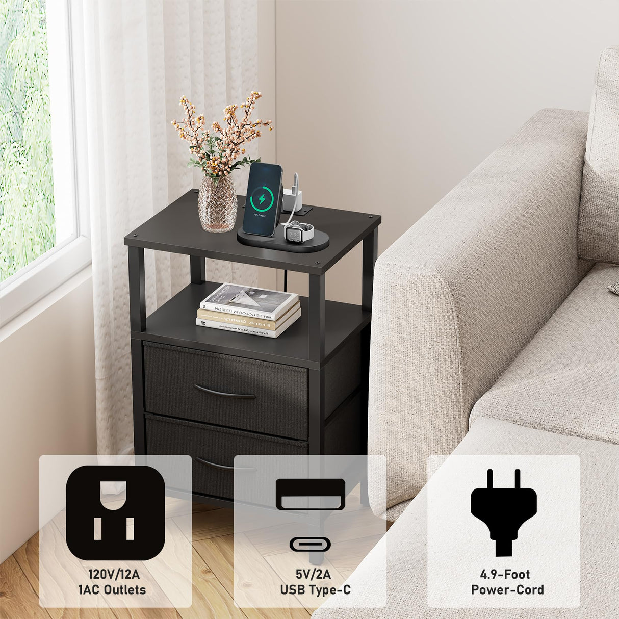 TUTOTAK End Table with Charging Station, Side Table with 1 USB & 1 USB- C type Port and Outlets, Nightstand with Cloth Drawer, Set of 2, Couch Table, Black TB01BK067 TUTOTAK
