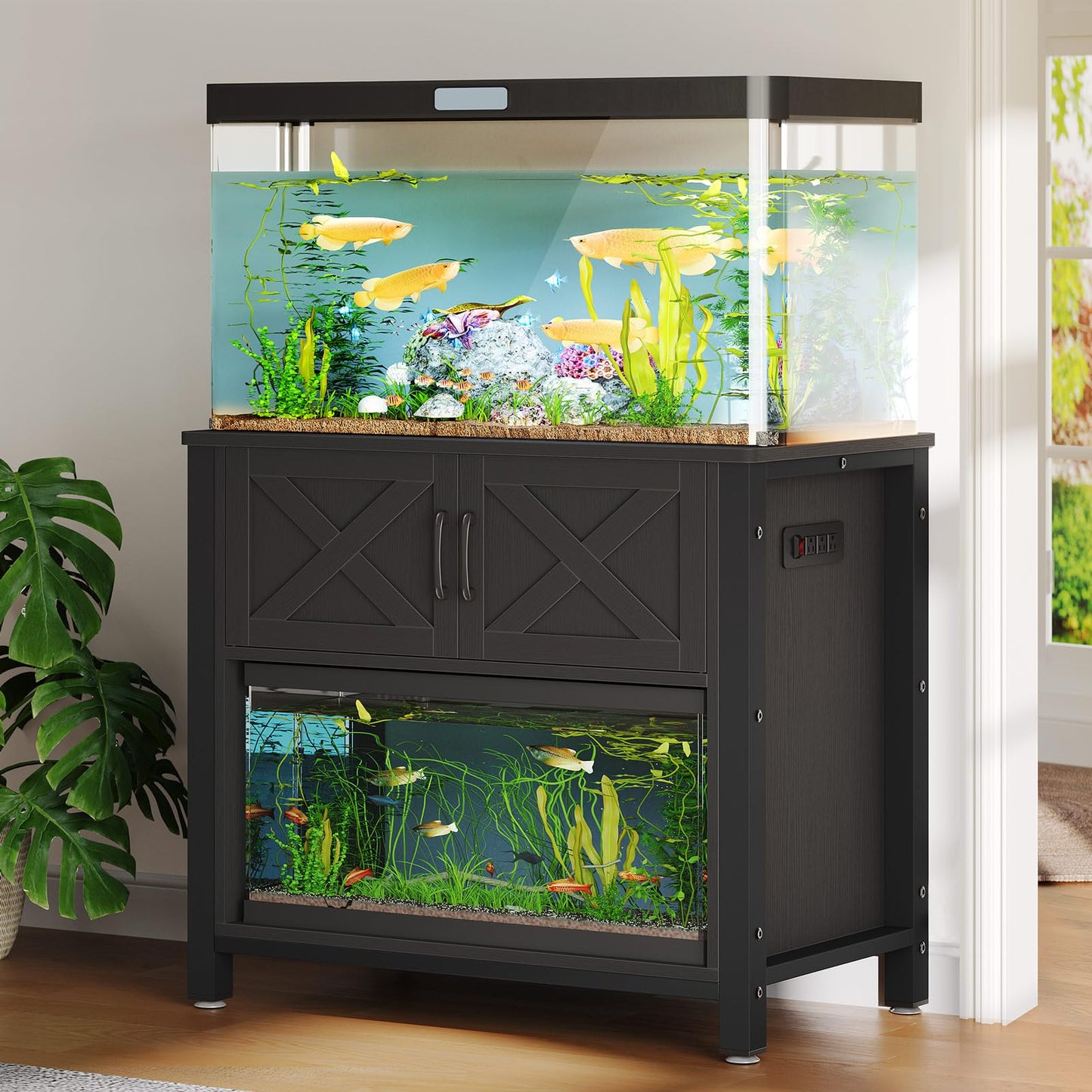 DWVO 40-50 Gallon Aquarium Stand with Power Outlets, Cabinet for Fish Tank Accessories Storage - Metal Frame Fish Tank Stand Suitable for Turtle Tank, Reptile Terrarium, 660LBS Capacity, Black