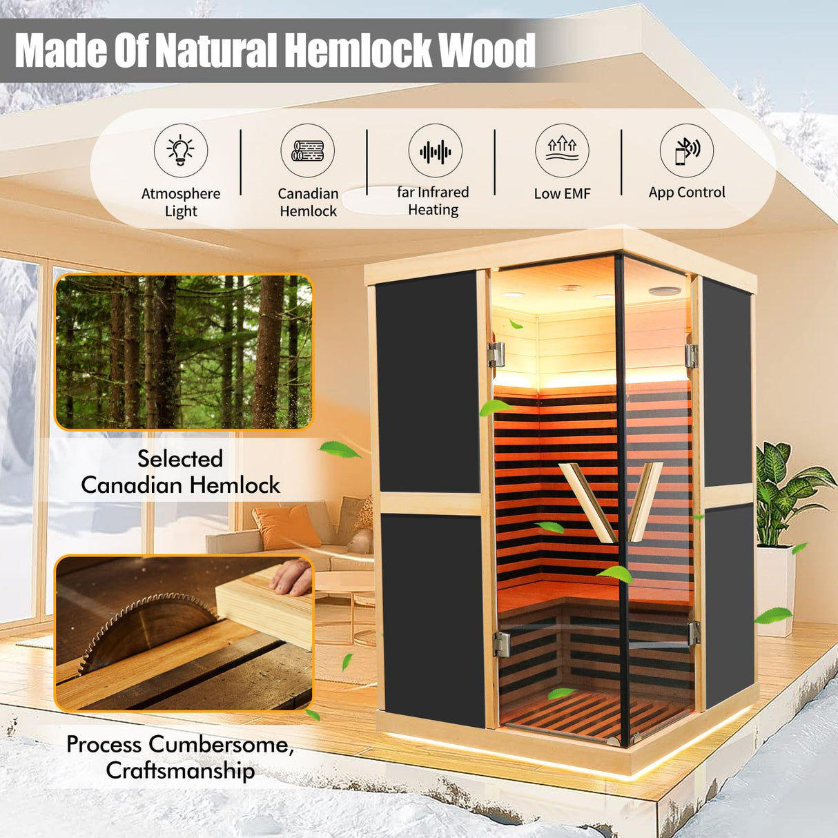 OUTEXER 2 Person Sauna Infrared Saunas APP Control 7 Color Light 1980W Wooden Home Spa Room Canadian Hemlock Wood Low-EMF Indoor Saunas 47.2 * 47.2 * 75.6inch OUTEXER