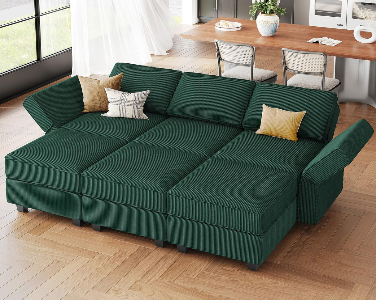 Belffin Modular Sectional Sofa with Storage Ottoman Seats, Corduroy Convertible Modular Sofa Bed Sectional Couch for Living Room, Green Belffin
