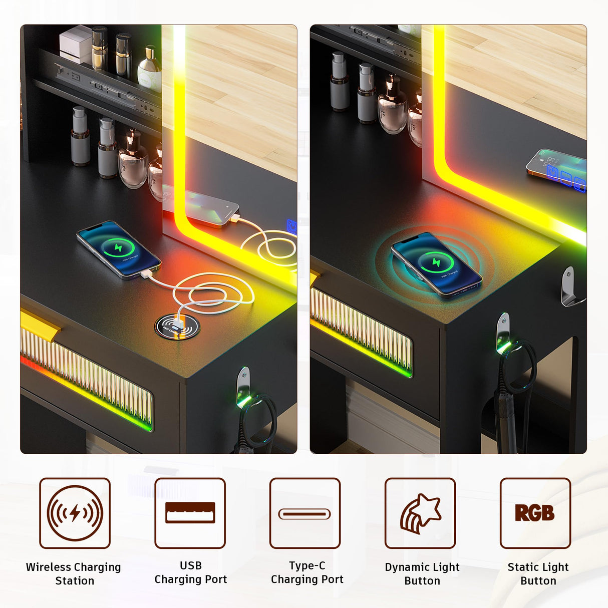 FOMNEY RGB LED Vanity Desk with Mirror and Lights, Makeup Vanity Desk with 3-in-1 Charging Station, Vanity Set with Stools＆Sliding Mirror, Make UP Table with 5 Drawers (Black) FOMNEY