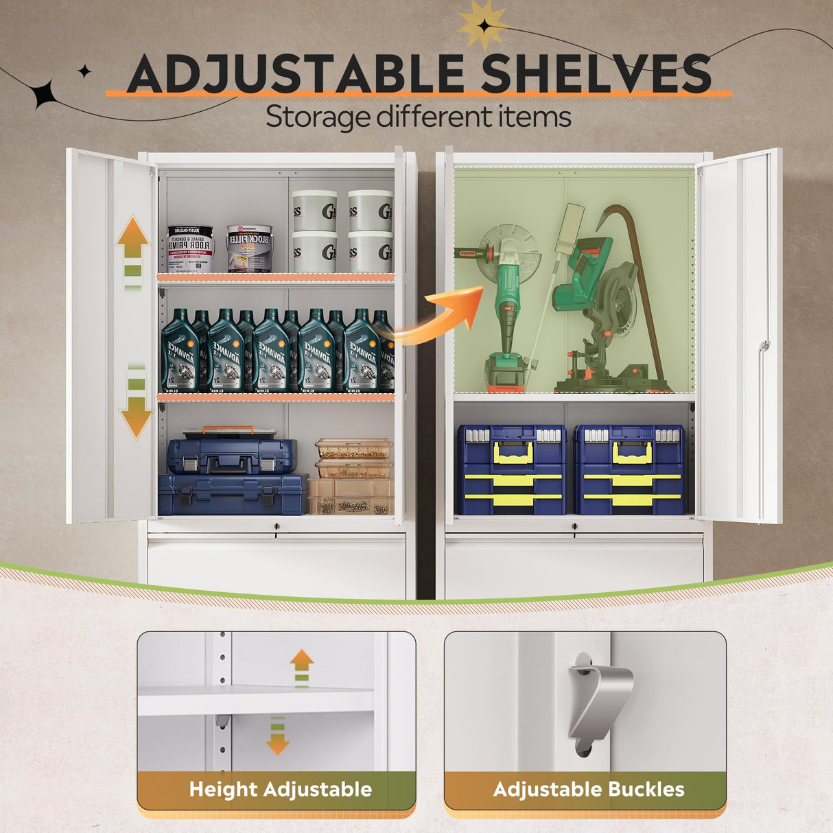 DEVAISE 71" Metal Storage Cabinet, 2-Drawer Lateral File Cabinet with Lock, Adjustable Shelves & Doors, White Garage Storage Cabinet, Heavy Duty Tall Cabinet for Home Office, Garage Organization DEVAISE