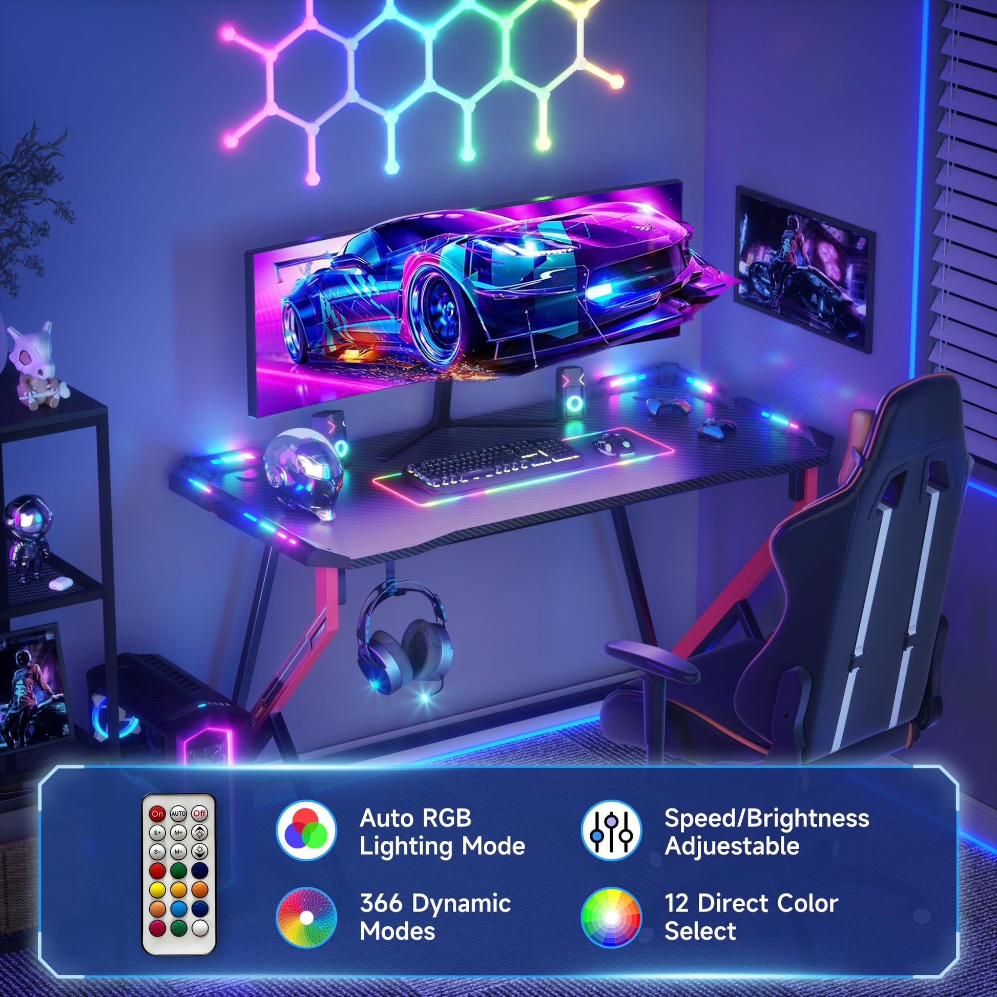 TIQLAB Small Gaming Desk with LED Lights, 40 Inch Computer Desk for Home Small Space, Gaming Table with Carbon Fiber Surface, PC Gamer Desk for Kids Boys Men, Black - WoodArtSupply