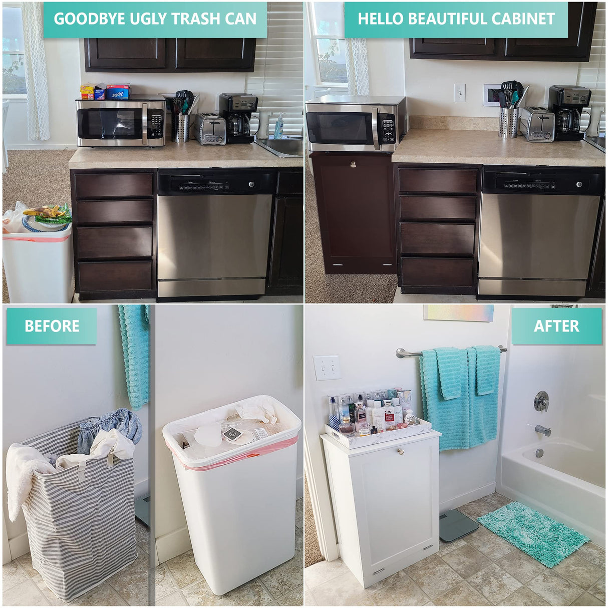 Tilt Out Trash Bin Cabinet or Laundry Hamper by Northwood Calliger! Solid Workmanship and New 2022 Design Cuts Assembly Time in HALF! Hide Ugly Trash, add Countertop Space, Keep Pets Out! Northwood Calliger