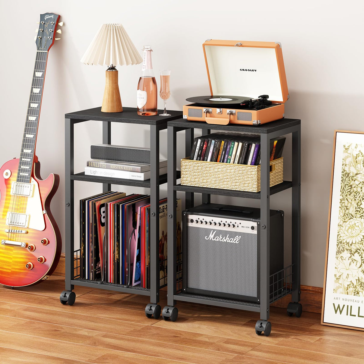 Kalrin Small Side Table, 3 Tier Moveable Small End Table, Record Player Stand with Records Shelf, Tall Nightstand for Bedroom, Living Room, Sofa, Office, Bathroom (Pure Black) Kalrin