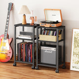 Kalrin Small Side Table, 3 Tier Moveable Small End Table, Record Player Stand with Records Shelf, Tall Nightstand for Bedroom, Living Room, Sofa, Office, Bathroom (Pure Black) Kalrin