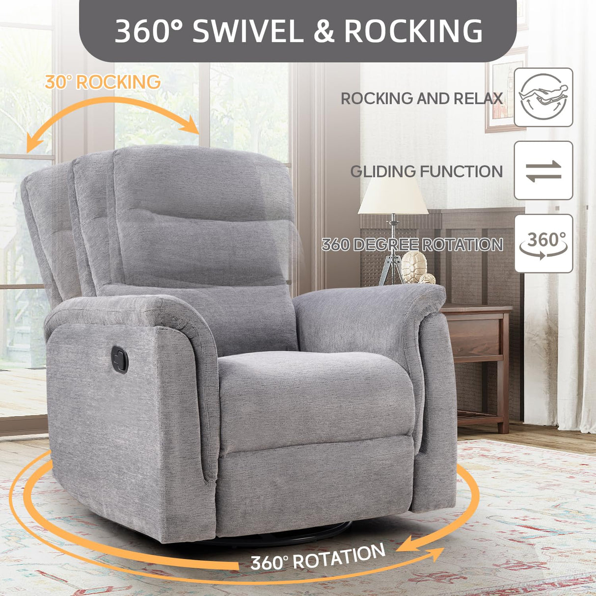 INZOY Swivel Rocker Recliner, Nursery Glider Chair, Manual Chairs Swivel Glider Recliners with Soft Backrest, Fabric Manual Reclining Sofa for Living Room Bedroom Apartment, Grey INZOY